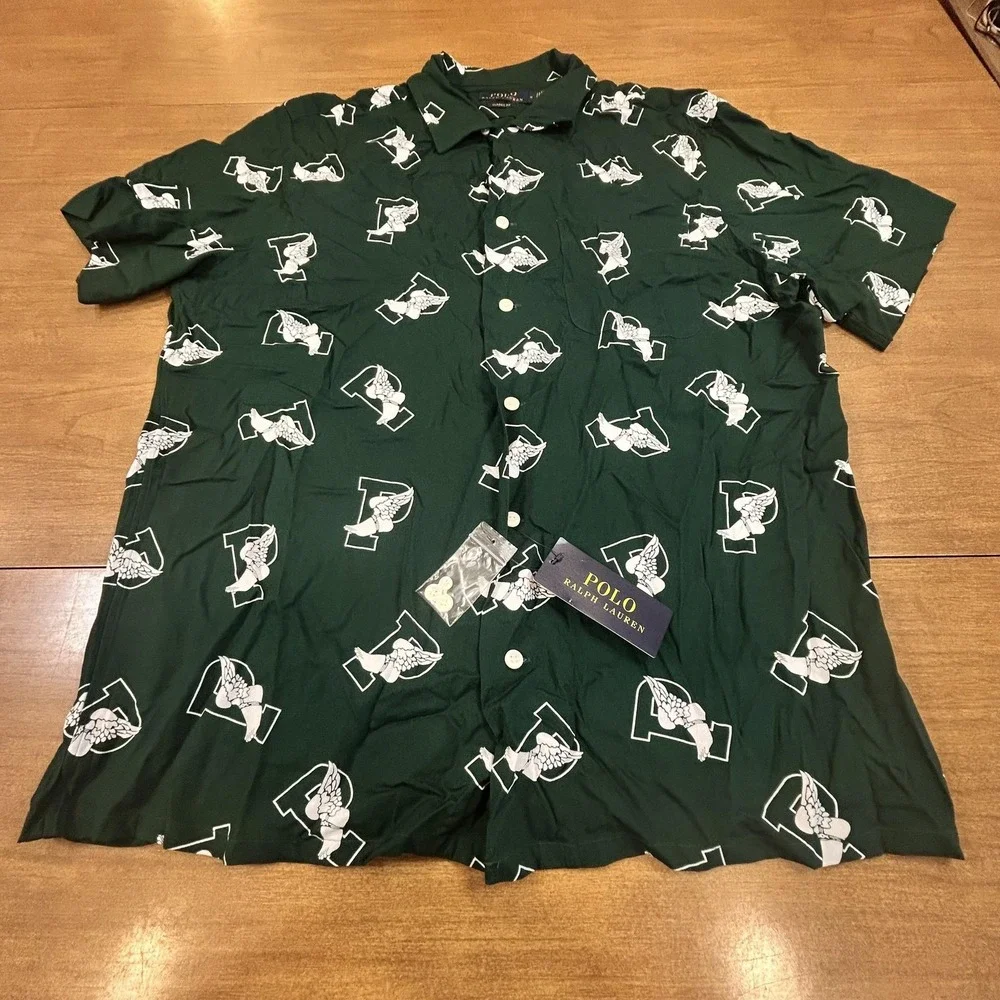 Polo Ralph Lauren Shirt Mens Medium Green Winged Foot Short Sleeve Button Up